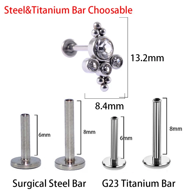 1PC G23 Titanium&Steel 16G CZ Gem Moon Labret Lip Bar Ring Crystal Flower Ear Cartilage Tragus Helix Piercing Screw Fit Top 16g Style E