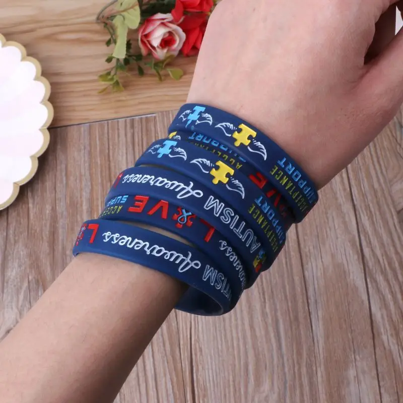 

6Pcs Autism Awareness Bracelets Awareness Creates Change Silicone Wristband Blue NEW