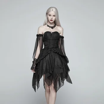 

PUNK RAVE Women Lolita Black Elf Dress Lace Mesh Slim Fit Irregular Sleeve Sexy Wipes Bosom Skirt