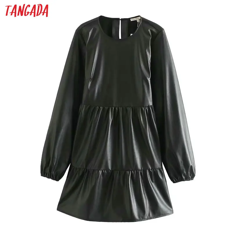 Tangada женское элегантное черное платье из искусственной кожи с длинным рукавом винтажное женское повседневное мини-платье vestidos 5Z91