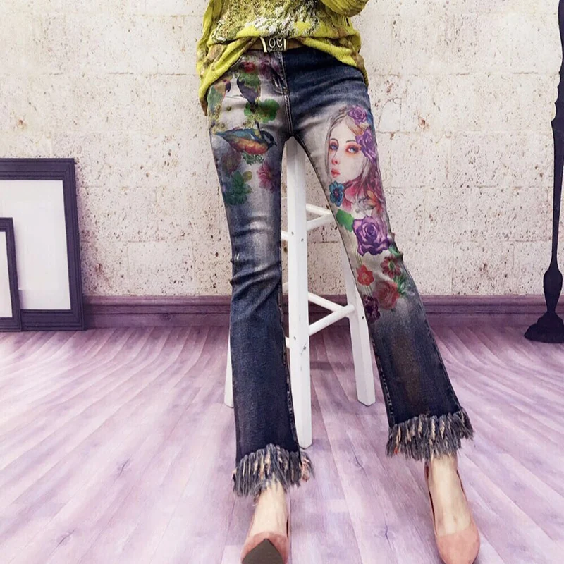 

Flare Jeans for Women Spring Autumn New European Goods Industrial Coloured Drawing Bronze Cool Printed Trumpet Jeans Denim Pants