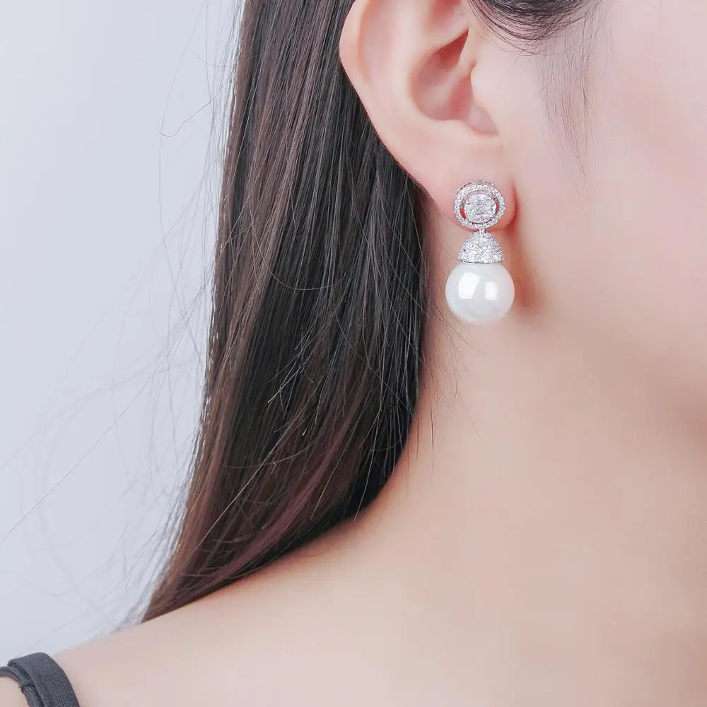 Pearl Cubic Zircon Drop Earrings for Wedding, Crystals Dangle Earring for Bride, Women Girl Gift CE10294