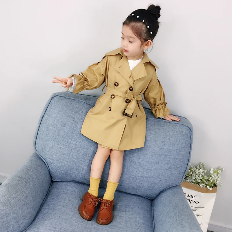 

Toddler Girls Trench coat autumn fashion overcoats button children's clothing jackets with belt cotton kids outerwear
