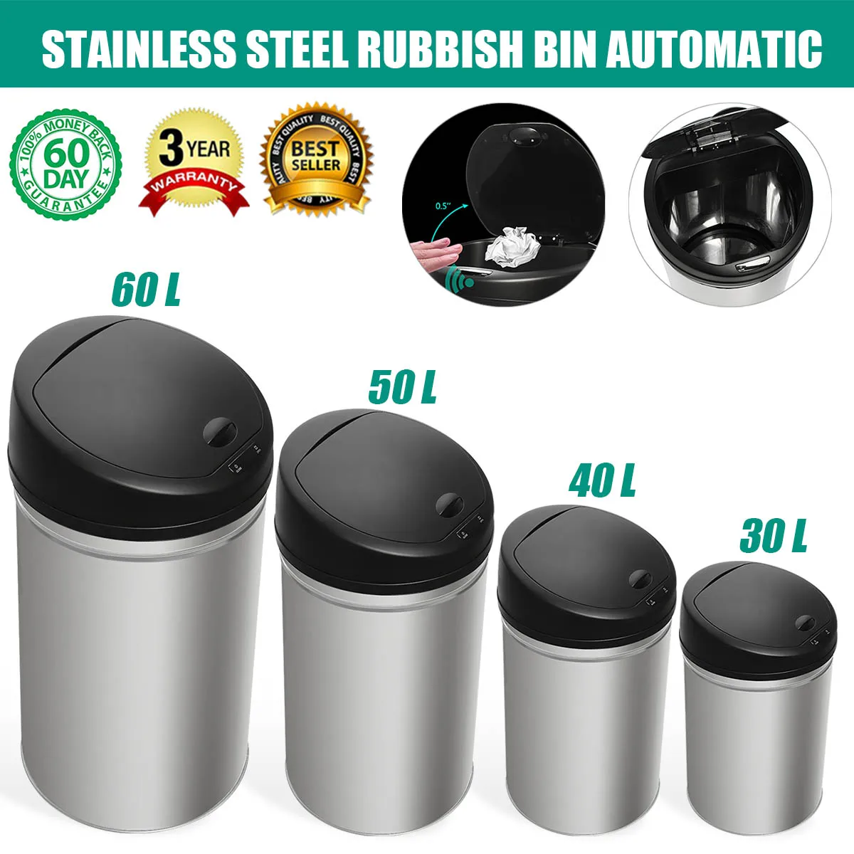 

30/40/50/60L Stainless Steel Kitchen Automatic Electronic Dustbin Tact Dustbin Rubbish Waste Bin Trash Smart Motion Sensor