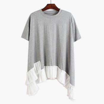 

[EWQ] Spring Summer 2020 Women White Asymmetrical Ruffles Big Size T-shirt New Round Neck Short Sleeve Fashion Tide 1S58200
