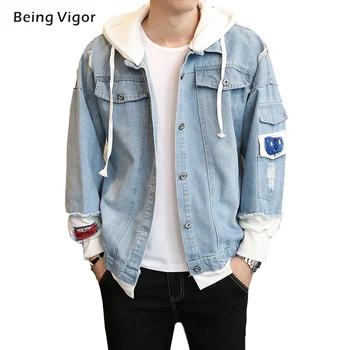 

Being Vigor Men Denim Jacket Faked 2 in 1 Jean Jacket Men High Quality Cowboy Washing Jacket Coat Chaqueta Hombre 2019