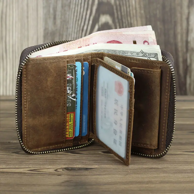 Short Organizer Wallet Man With Zipper Around Genuine Leather Male Coin Purse Crazy Horse Leather Card Holder For Boys Vintage Short Organizer Wallet Man With Zipper Around Genuine Leather Male Coin Purse Crazy Horse Leather Card Holder For Boys Vintage