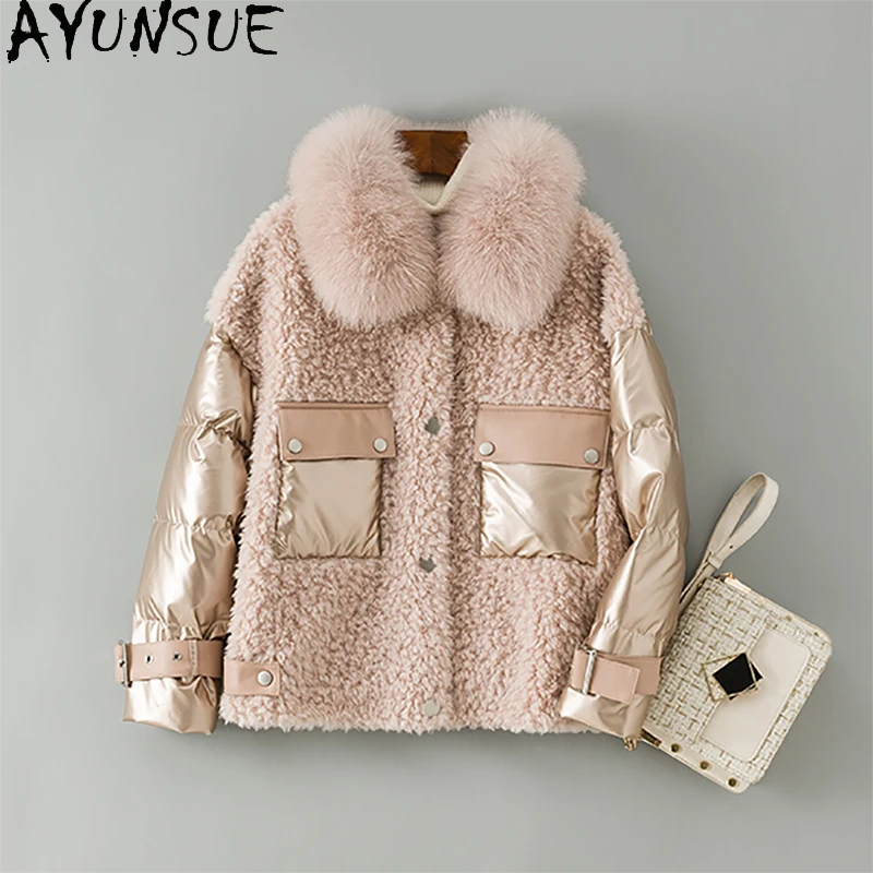 AYUNSUE Natural Fox Fur Collar Real Down Jacket Female Winter Clothes Women 2020 Short Sheep Shearing Coat Woman Parkas 996 | Женская