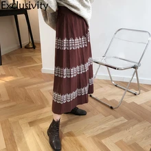 Осенняя и зимняя новая трикотажная юбка Женская Ретро этнический стиль с принтом плиссированная юбка-трапеция