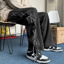 

High Street Jeans Male Baggy American Jeans Spring Autumn High Waist Loose Wide-leg Straight Trousers Straps Men Clothes Bottoms