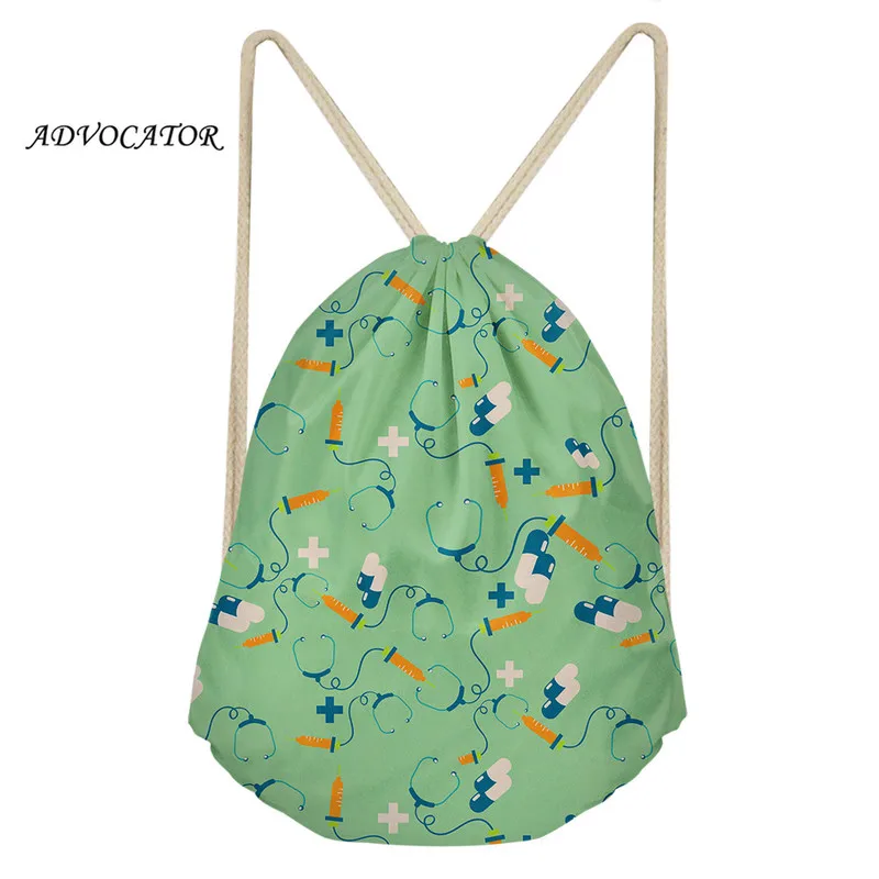 

New Fashion Womens Drawstring Bag Cartoon Nurse Needle Tube Patterns Drawstring Backpack Travel Softback Storage Package