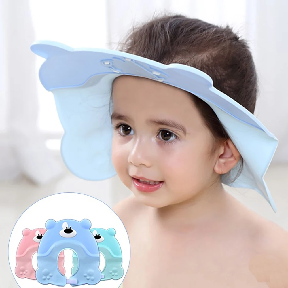 Мягкий силиконовый душ для новорожденных, шапочка для мытья ванной с медвежонком, регулируемая водонепроницаемая защита для ушей, шапочка для шампуня