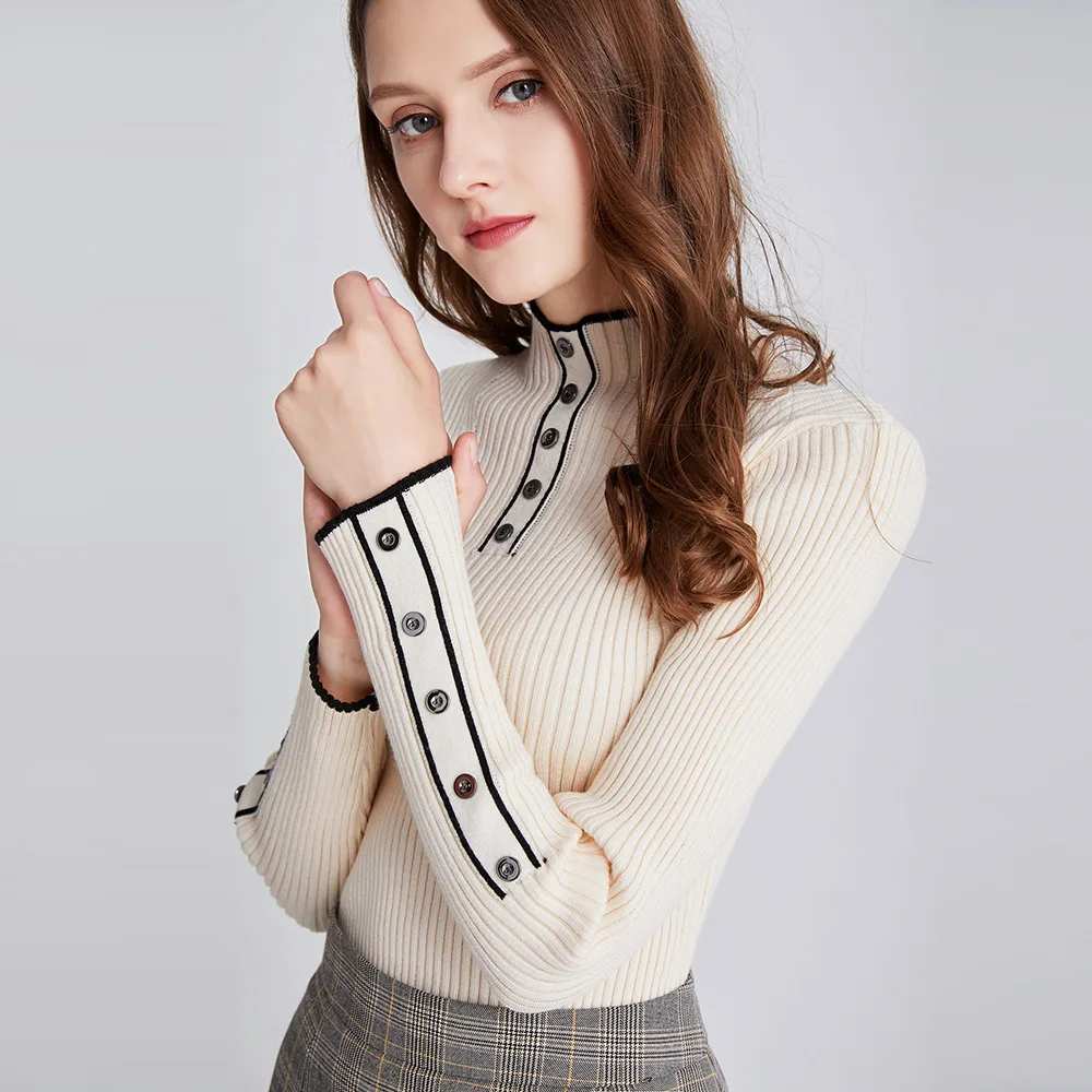 Button Striped Sweater Women Turtleneck Pullover Female Soft Jumper Stretchy Knitted Autumn Winter Cothes Sweaters | Женская одежда