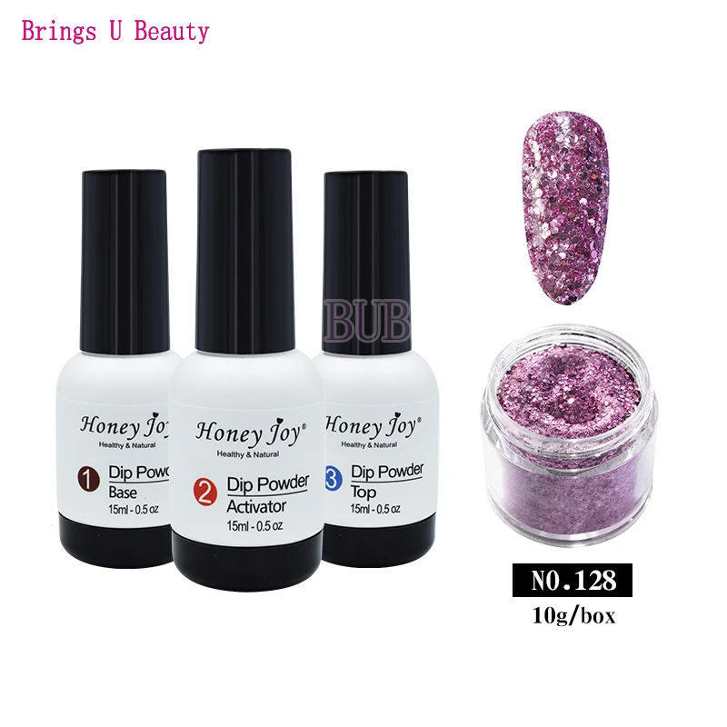 4 in 1 Dipping Powder Tool Kits Set 10g Shine Glitter Dip Powder 15ml Base Coat Top Coat Activator Natural Dry Long Lasting - Цвет: BU-15ml BAT-10g128