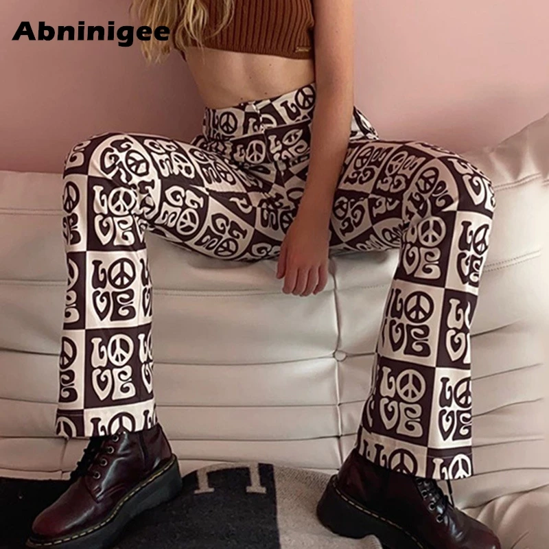 

Ladies Letter Print Bell Bottoms Woman Autumn Y2k High Waist Slim Casual Flare Pants Stretchy Split Leg Harajuku Trousers 2020