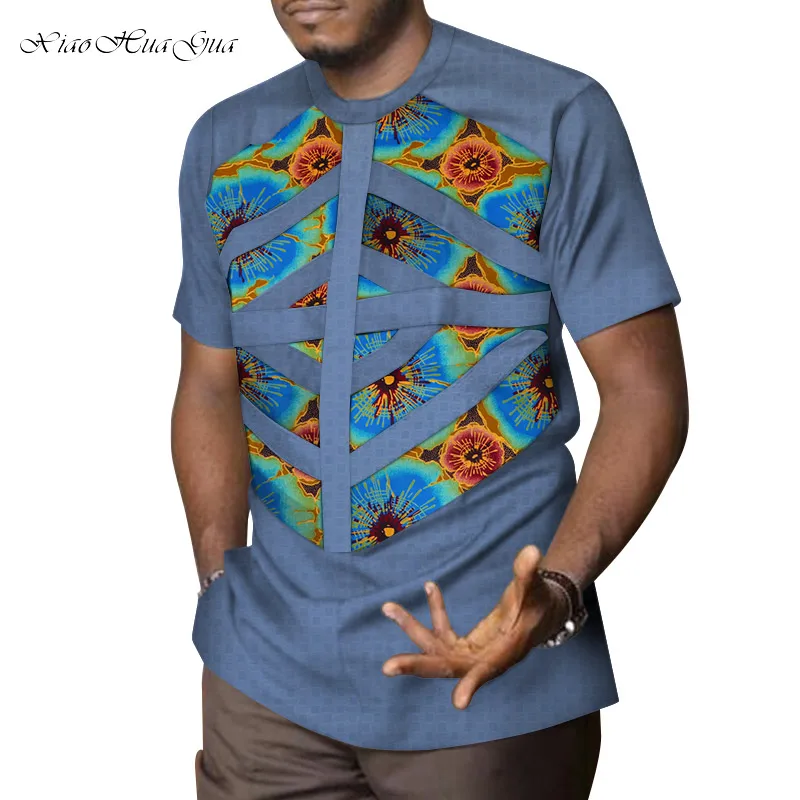 

2019 Mens African Clothing Dashiki Patchwork Print Shirt Tops Bazin Riche Casual 100% Cotton Traditional African Clothing WYN958