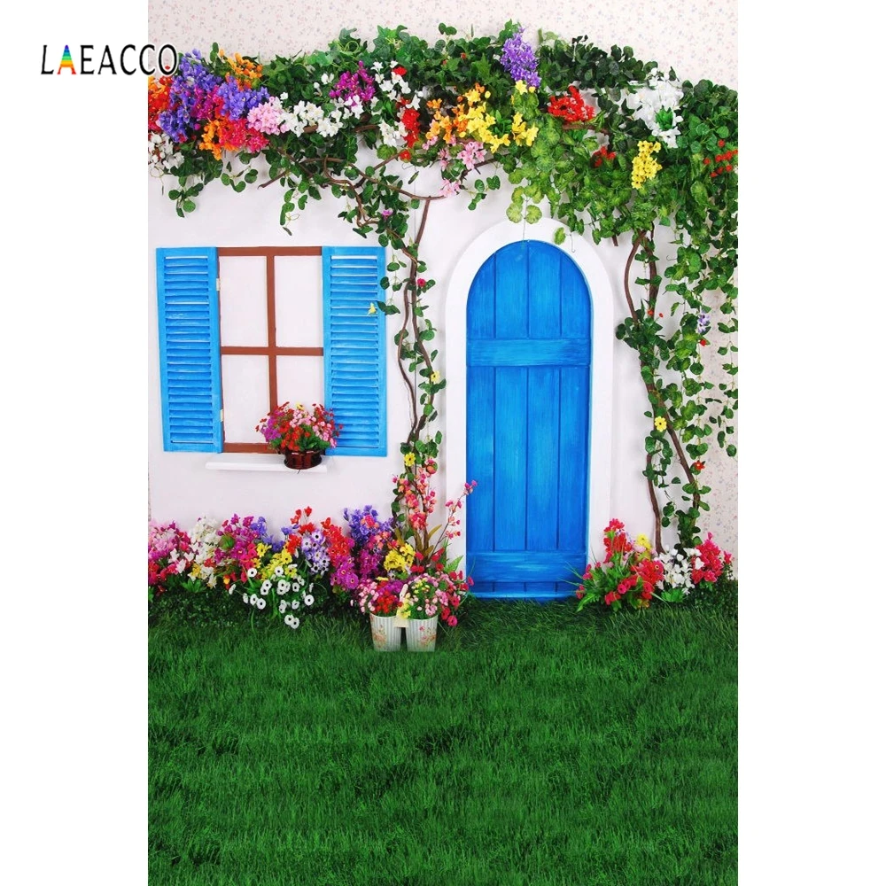 

Laeacco Blue Window Door Yard Flower Vines Lawn Baby Photography Backgrounds Vinyl Photographic Backdrops Props For Photo Studio