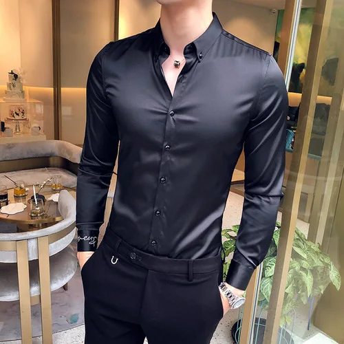 Новое Стильное модное мужское высококачественное платье из чистого хлопка, деловые рубашки/мужские рубашки с лацканами, приталенный силуэт, рубашки с длинными рукавами, большие размеры S-5XL - Цвет: Черный