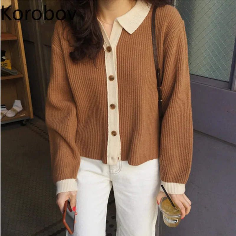 

Korobov 2019 Autumn Korean Hit Color Patchwork Turn-Down Collar Women Sweater Vintage Single Breasted Cardigans Knit Top 78865
