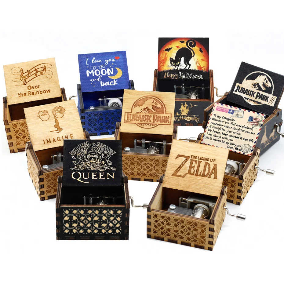 2021Wooden Hand Cranked Music Box You Are My Sun Jurassic Park Theme Song 