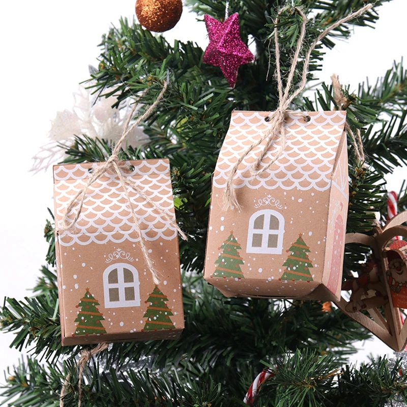 5PCS Kraft Paper Christmas House Shape With Ropes Candy Gift Bags Cookie Bags gift Boxes Christmas Tree Pendant Party Decor