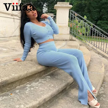

Viifaa Blue Knitted Matching Sets Crop T Shirt and Split Hem Skinny Pants Autumn Clothes Women Party Elegant Two Piece Set