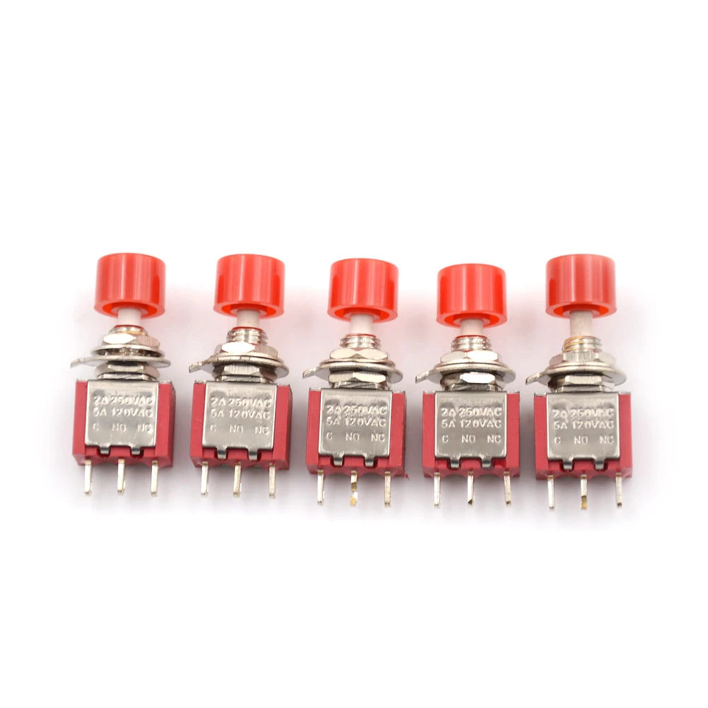 

5pcs/lot Red 3Pin C-NO-NC 6mm ON-(ON) 2A 250V AC/5A 120V AC Toggle SwitchesMini Momentary Automatic return Push Button Switch