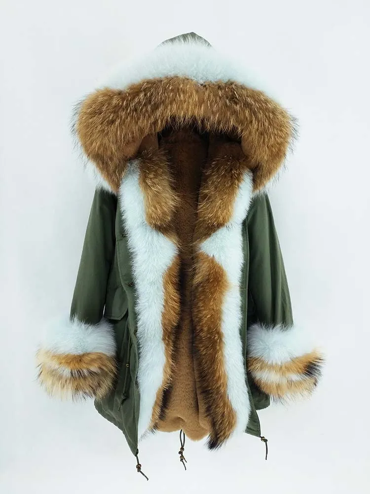 Furlove длинное пальто-парка зимняя куртка женская натуральная настоящая из енота, лисы меховой капюшон, воротник Толстая теплая верхняя одежда уличная Роскошная