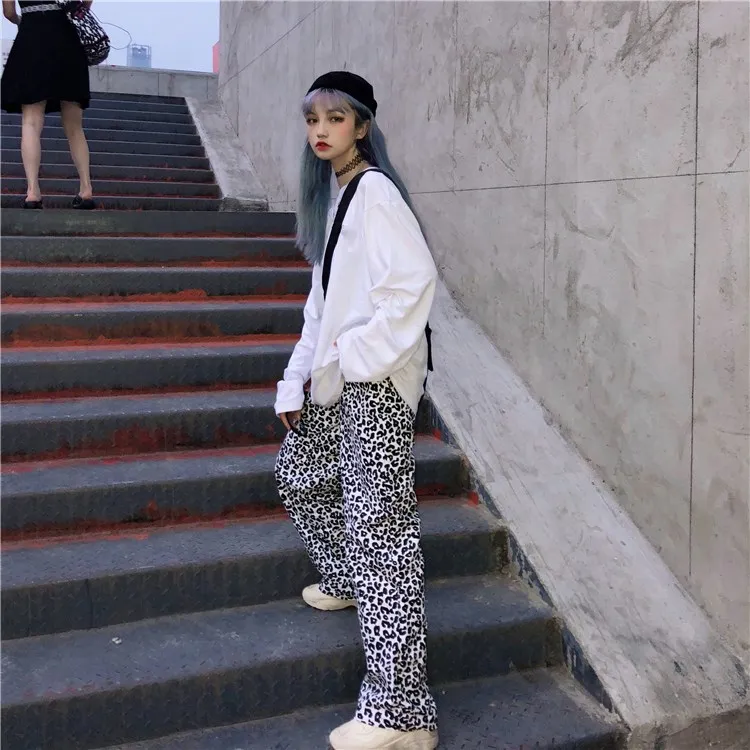 Женские свободные леопардовые широкие брюки Harajuku уличная эластичная талия хип-хоп брюки