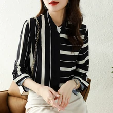 

Women's Shirt Autumn Striped Chiffon Blouses for Women Fashion Asymmetric Long Sleeve Top Female 2021 Stand Neck Basic Shirts OL