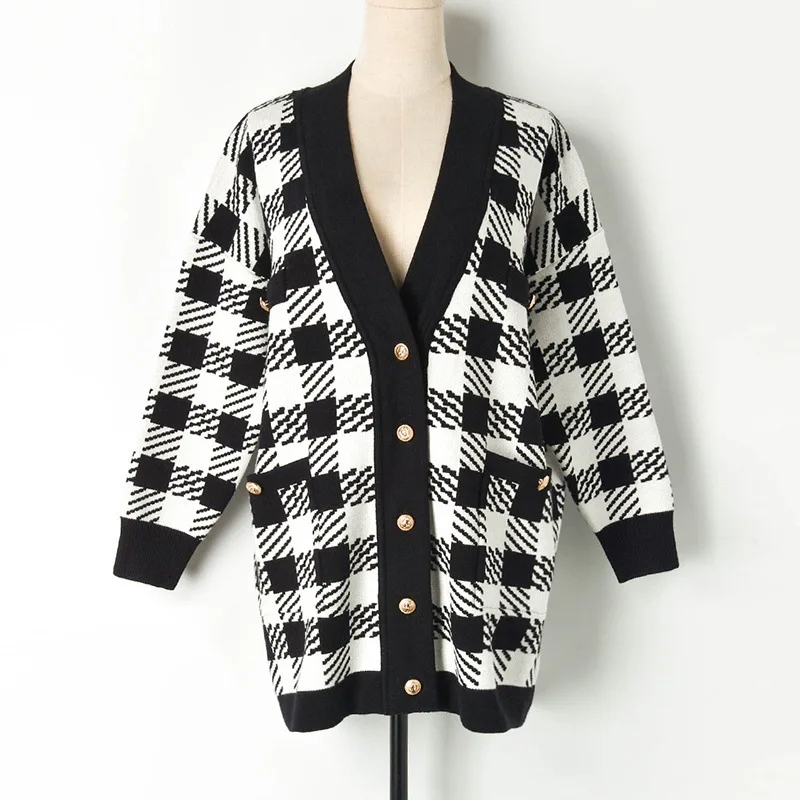checks (big coats) Новое поступление черно-белый хит цвет решетки ярдов вязаный кардиган Свободное пальто для женщин W90824 - Цвет: checks (big coats)