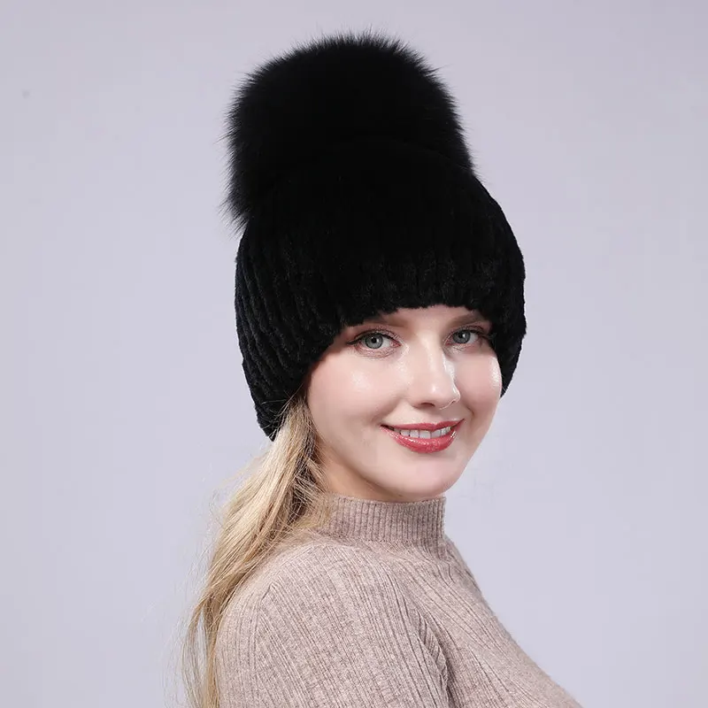 Show as picture 4 Женские теплые шапки из натурального меха кролика рекс мех лисы верхний шар Форма шапки зимние новые женские повседневные Шапки из натурального меха - Цвет: Show as picture 4