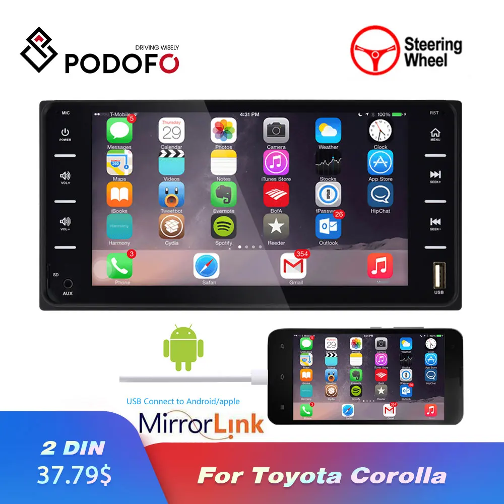 Podofo радио автомобильный аудио MP5 плеер для Toyota Corolla 2 Din Мультимедиа Android/IOS MirrorLink