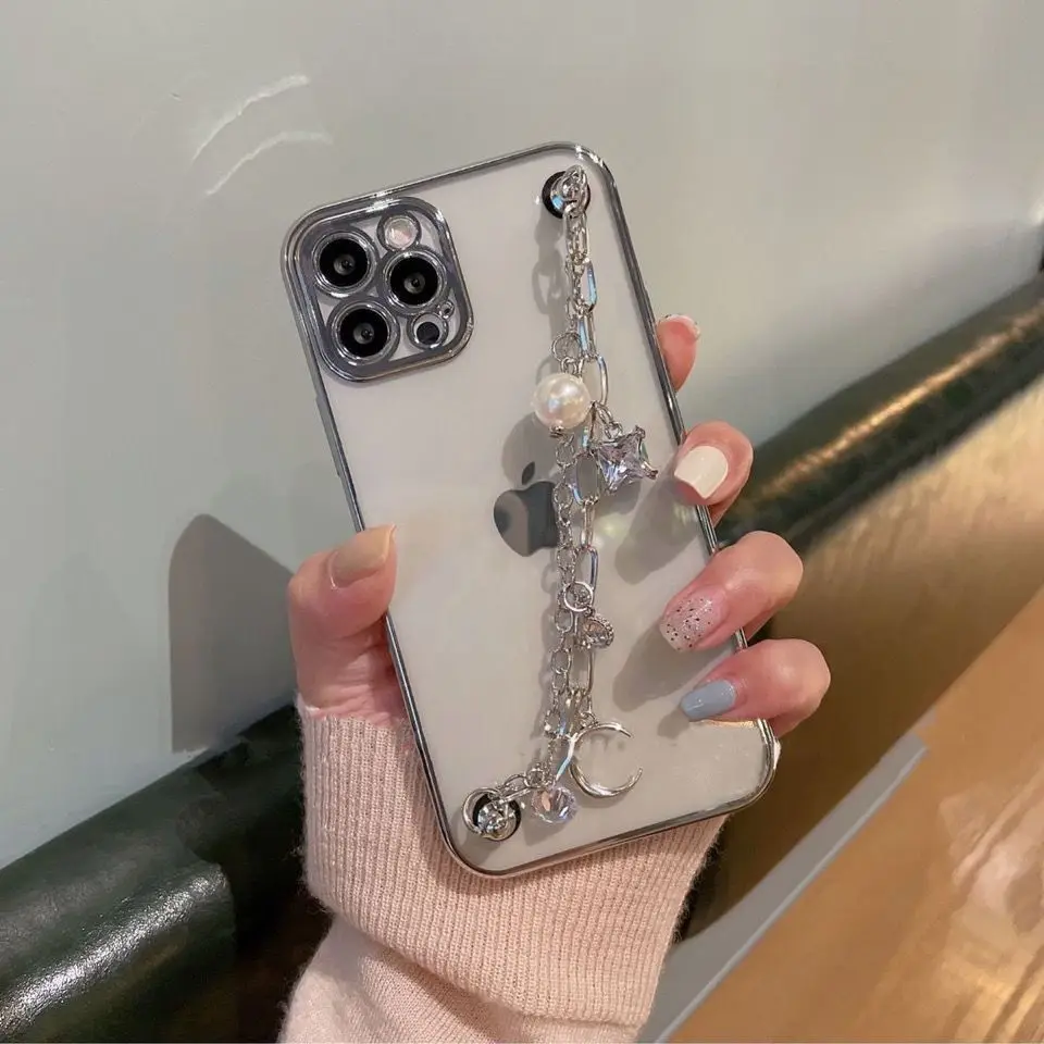 Elegant Bling Crystal Wrist Chain Phone Case with 6D Plating Pearls