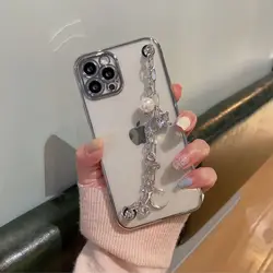 Elegant Bling Crystal Wrist Chain Phone Case with 6D Plating Pearls - iPhone XR (1)