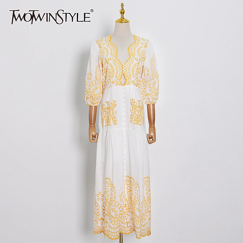 TWOTWINSTYLE Elegant Print Dresses Female V Neck Lantern Half Sleeve High Waist Side Split Long Summer Dress Women Fashion Tide TWOTWINSTYLE Elegant Print Dresses Female V Neck Lantern Half Sleeve High Waist Side Split Long Summer Dress Women Fashion Tide