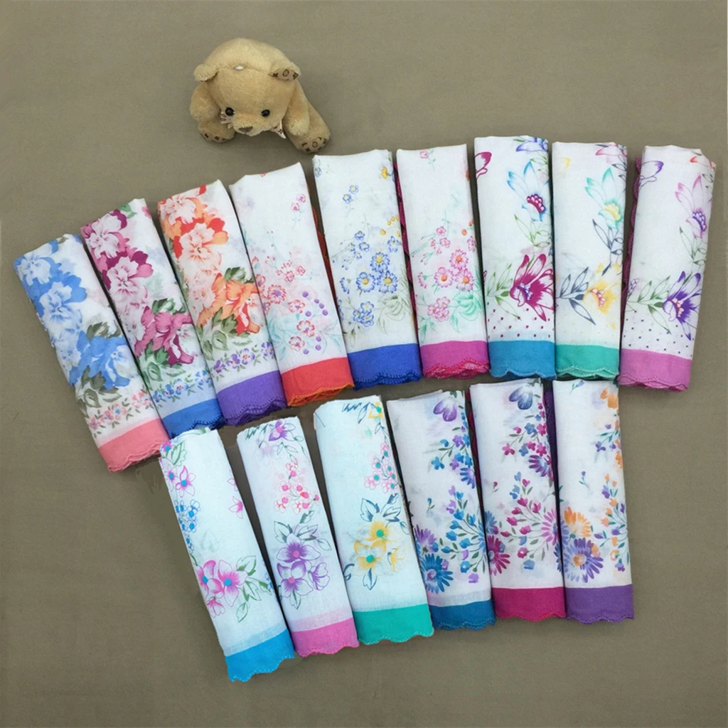 12X Womens Beauty Floral Printed Handkerchief Wendding Party Cotton Blend Hanky