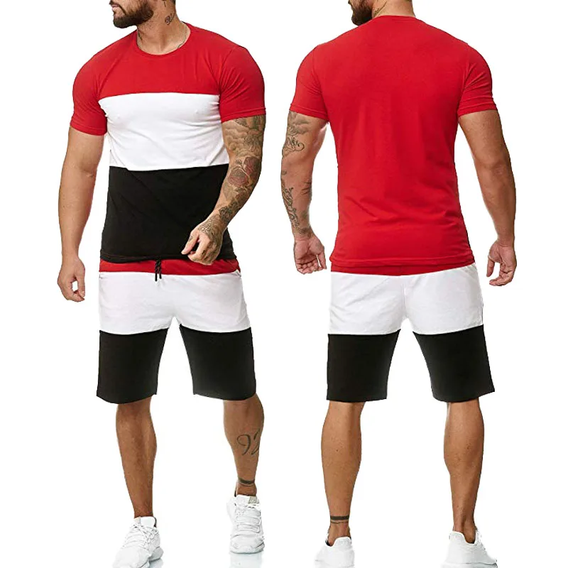 

2021Summer New Men's sports suit Stitching color High Quality Cotton Harajuku Men's short sleeve + shorts 2-piece set