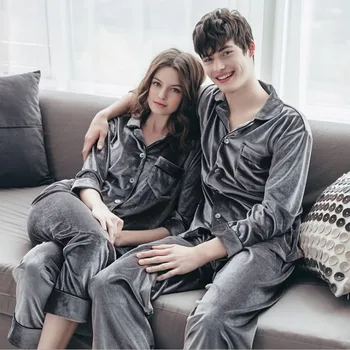 

Couple Gray Winter 2PCS Pajamas Set Sexy Sleepwear Pyjamas Velour Sleep Suit Lounge Nightwear Spring New Lounge Home Wear