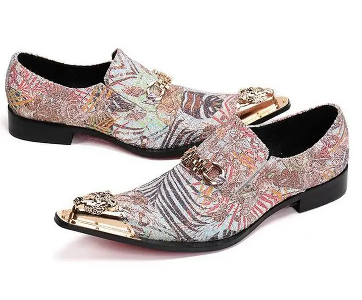 

Italian Men Shoes Metal Toe Mixed Colors Wedding Dress Shoes Genuine Leather Party Business Shoes Slip on Barque Oxfords