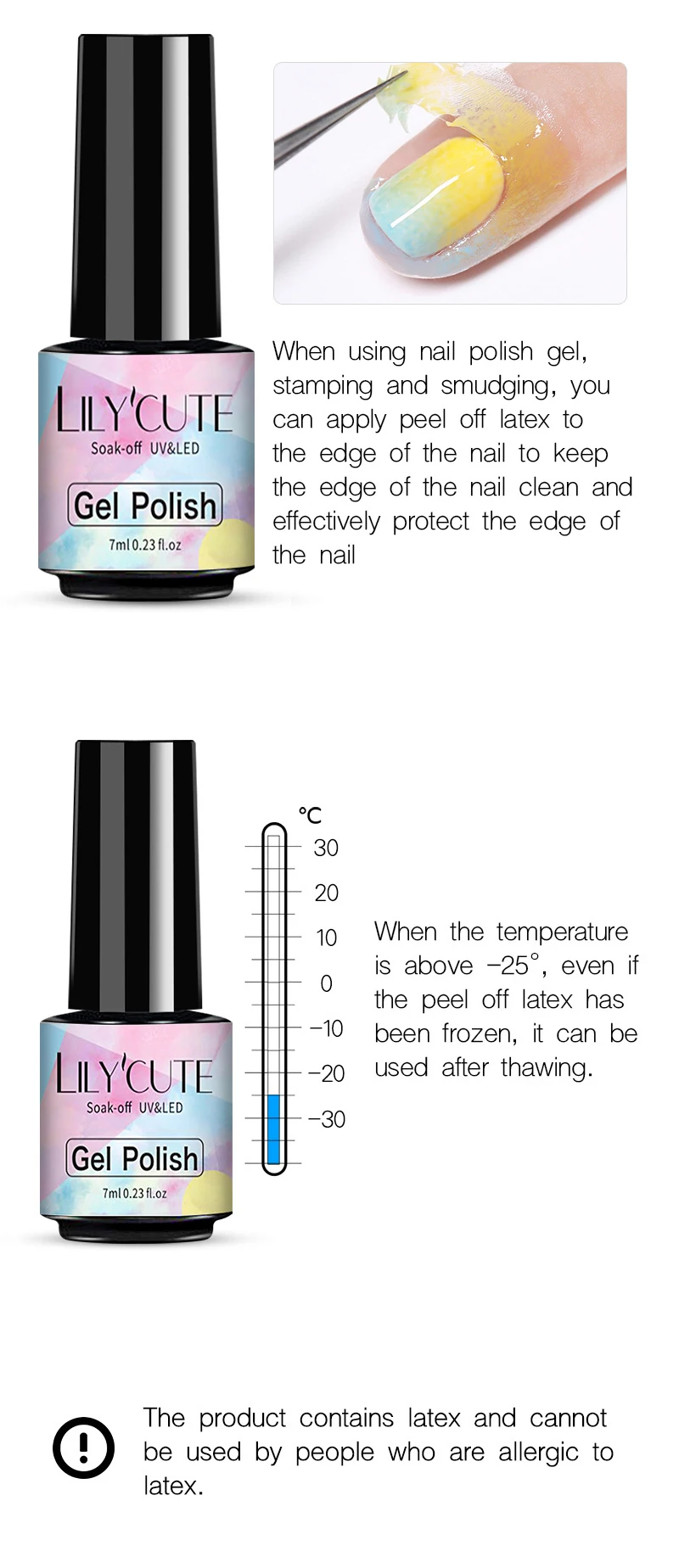Description Picture 3 of itemLILYCUTE 7ml/5ml Peel off Latex Odorless Cold-resistant White Nail Art Care Edge Protector Nail Art Stamping Tools
