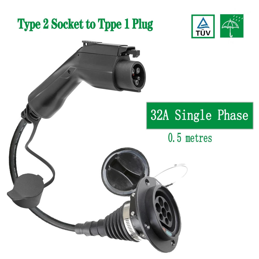 Car EV Charging Cable Type 2 Inlet to J1772 Type 1 Flexible EVSE Charger Electric Vehicle Adapter 32A 1 Phase