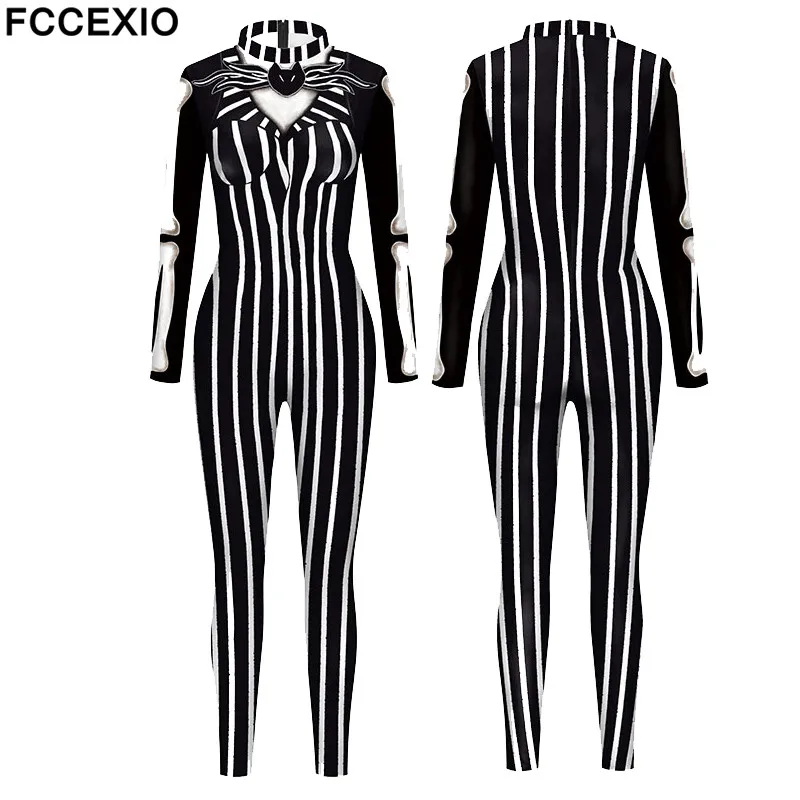 

FCCEXIO Halloween Skull 3D Print Sexy Bodysuits Women Long Sleeve Cosplay New Party Tight Stripe Skeleton Jumpsuits