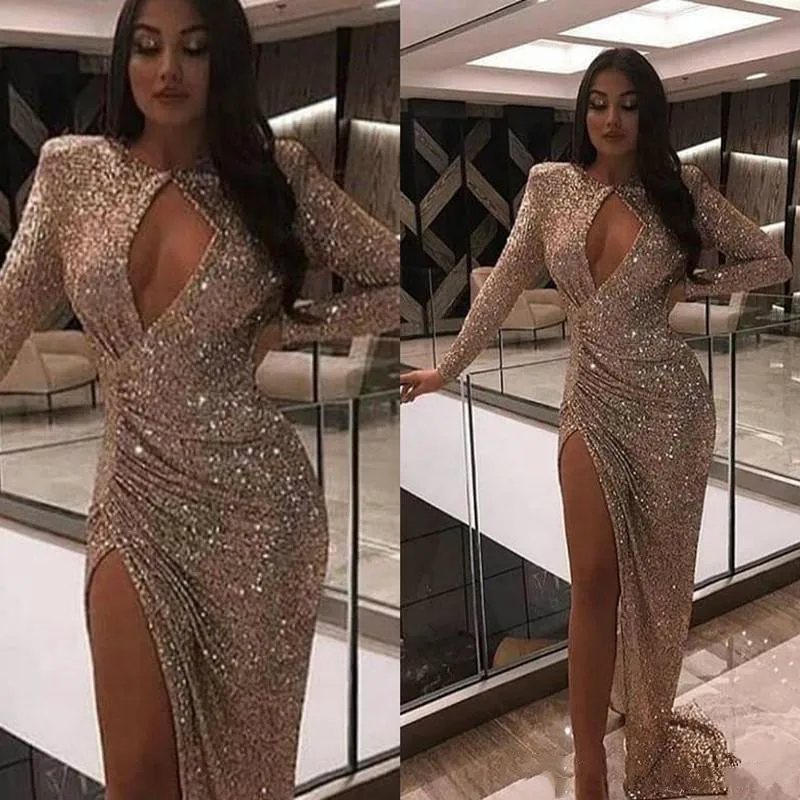 

2020 Arabic Sparkly Sequined Evening Dresses Long Sleeves High Split Prom Dresses Mermaid Formal Party Second Reception Gowns