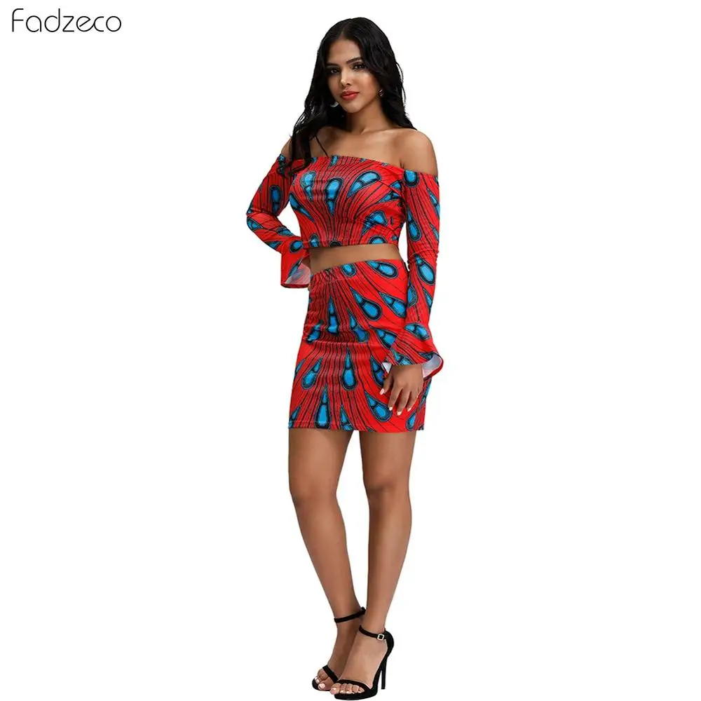 

Fadzeco African Party Dress For Women 2 Piece Sets Tops And Skirt Dashiki Traditional Ethnic Print One-Shoulder Horn Cuff Sexy