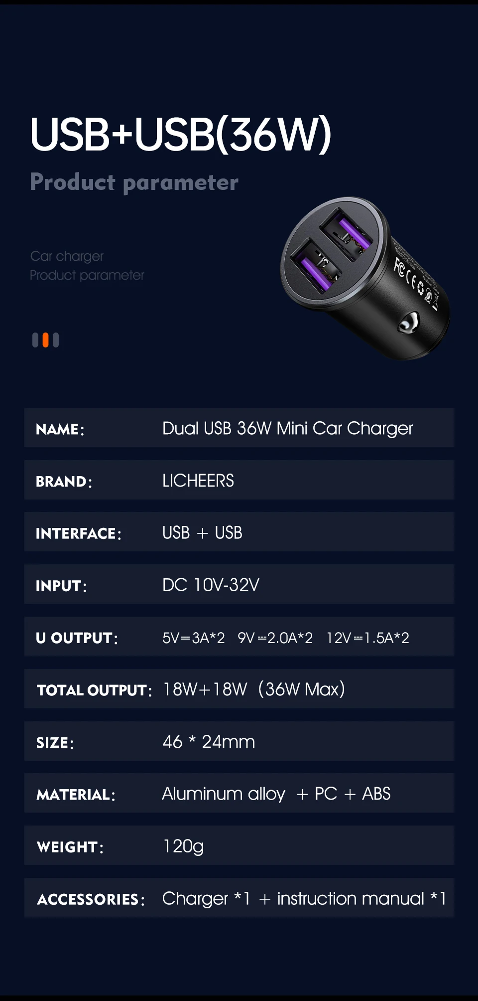 Licheers Car Charger USB 5A Phone Fast Charging 2 Port 12-24V Cigarette Socket Lighter for iPhone Xiaomi Huawei Power Adapter