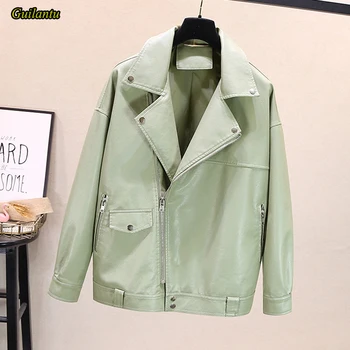 

Guilantu 2020 Womens Faux Leather Jackets And Coats Turn-down Collar Zipper Loose Punk Streetwear Jacket Ladies Leather Coat