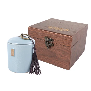 

Handmade Tea Packaging Empty Gift Box Delicate Tea Canister Ceramic Tea Leaf Storage Jar (Blue Canister and Wood Box)