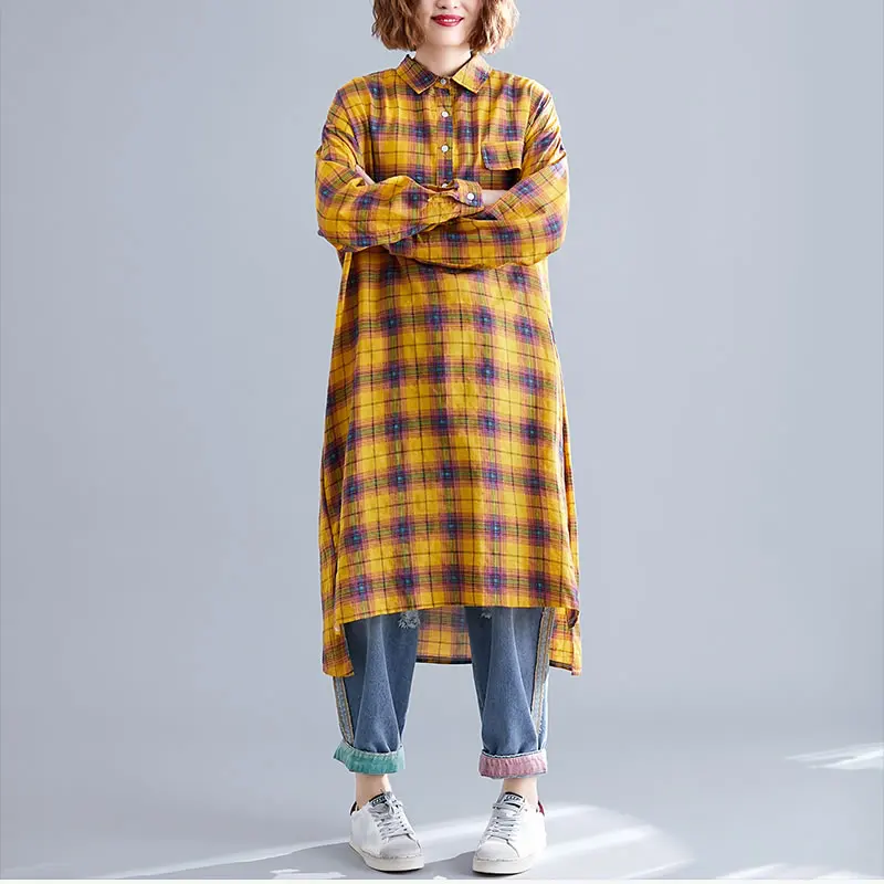 yellow WQR1748 XITAO клетчатая Длинная блузка Женская корейская мода плюс размер отложной воротник с принтом карман элегантная Осенняя рубашка WQR1748 - Color: yellow WQR1748