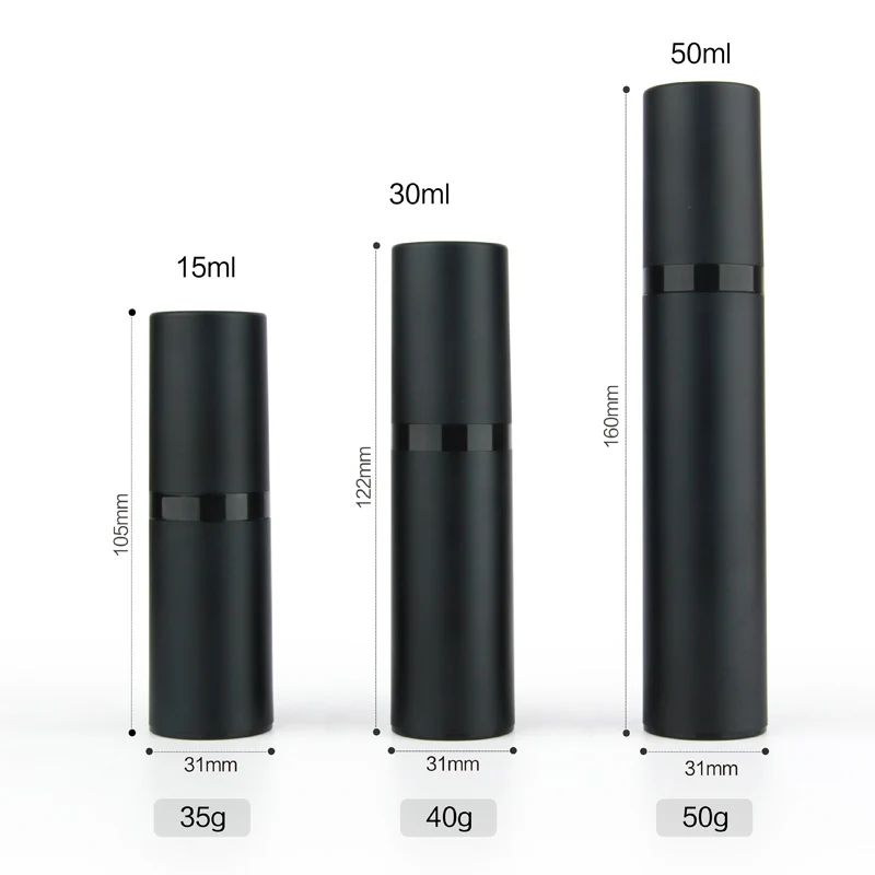 20 개/몫 15ML 30Ml 50ML 플라스틱 에멀젼 병 스프레이 병 매트 블랙 진공 병 에어리스 펌프 진공 컨테이너